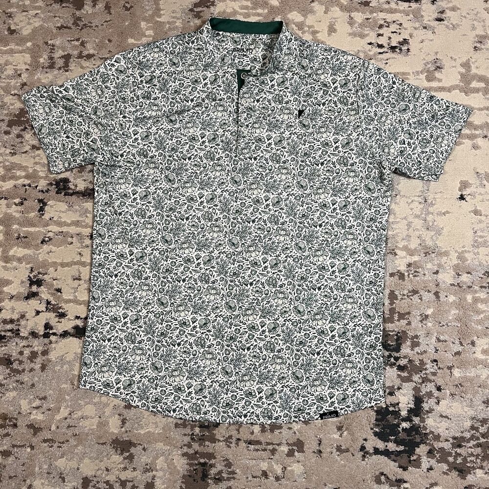 Primo Polo Shirt Sz L Green Floral AOP Golf Performance Curved Hem Blade Collar